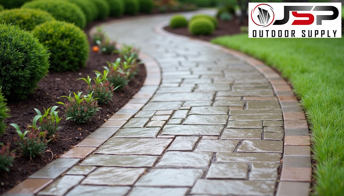 Elegant curved walkway made of Oklahoma Silvermist pavers leading through a manicured landscape
