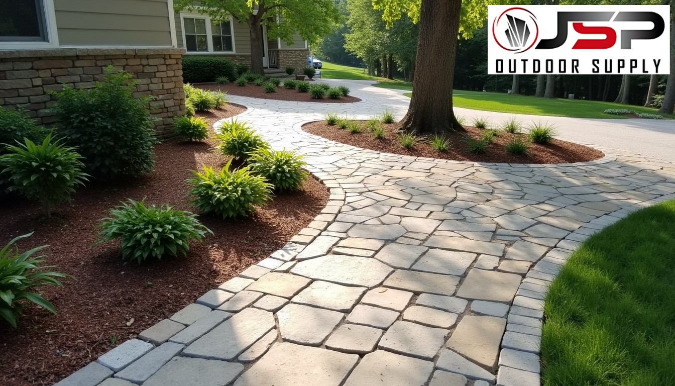 Elegant curved walkway made of Oklahoma Silvermist pavers leading through a manicured landscape