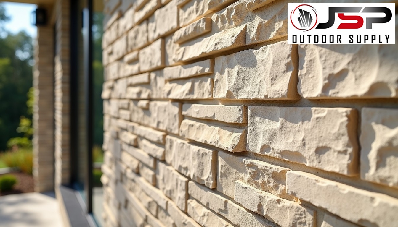 Closeup of natural thin stone veneer being installed on a modern home exterior wall