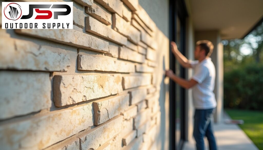 Closeup of natural thin stone veneer being installed on a modern home exterior wall