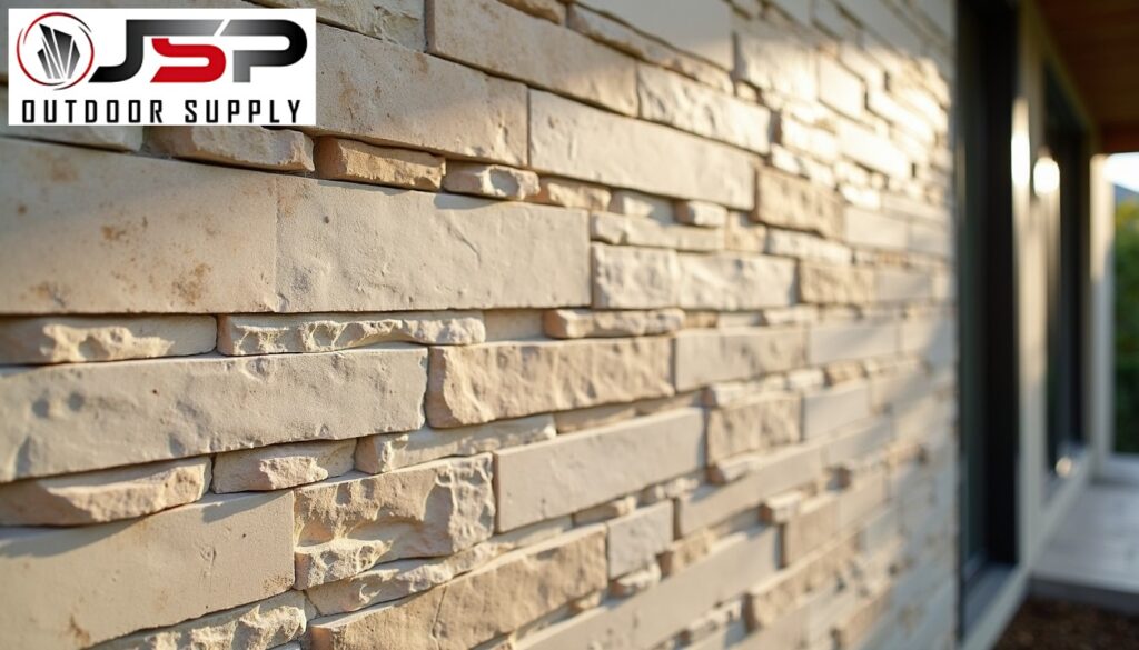 Closeup of natural thin stone veneer being installed on a modern home exterior wall