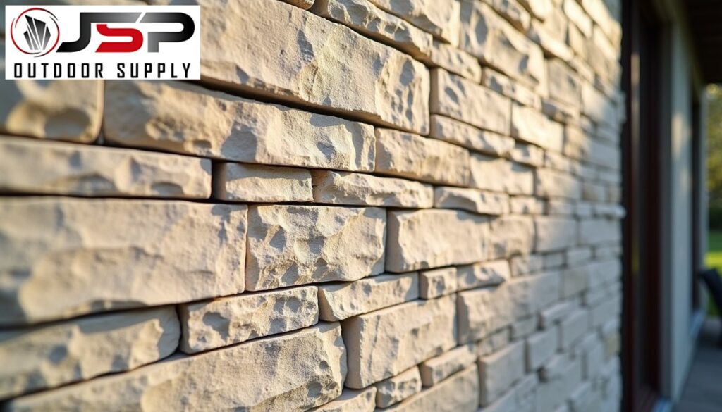 Closeup of natural thin stone veneer being installed on a modern home exterior wall