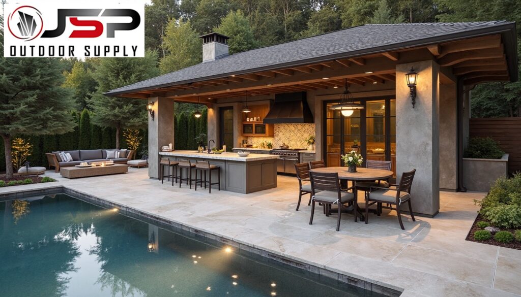 Oversized stone slabs have revolutionized outdoor kitchen design.