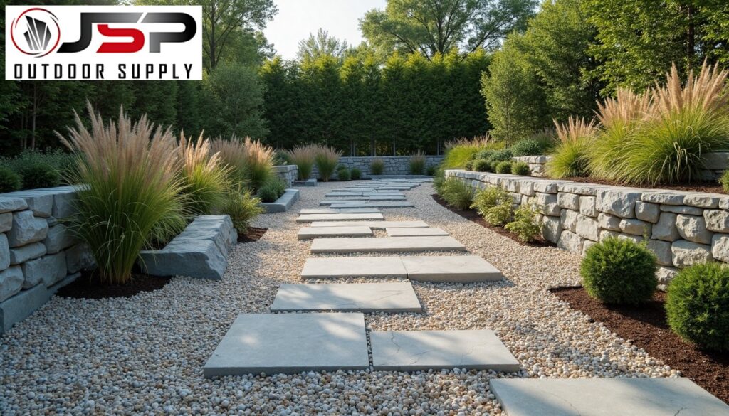 Negative space with stone installations.