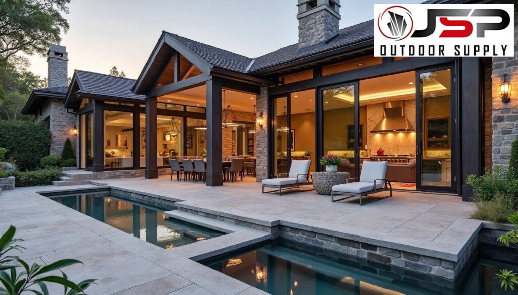 Oversized stone slabs have revolutionized outdoor kitchen design.