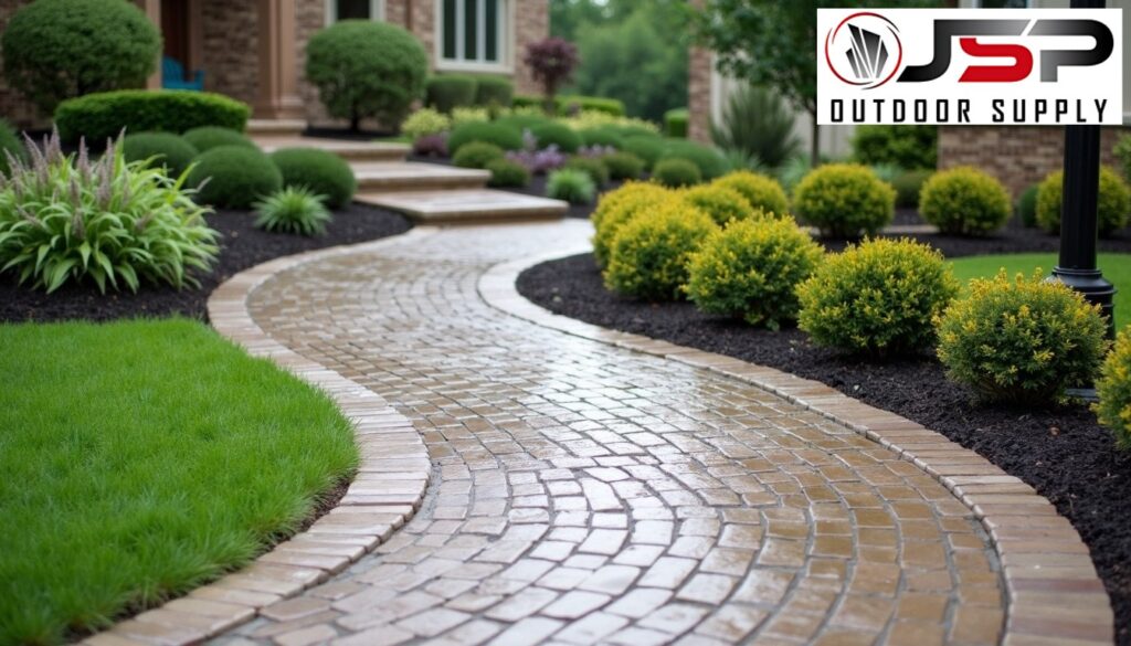 Elegant curved walkway made of Oklahoma Silvermist pavers leading through a manicured landscape