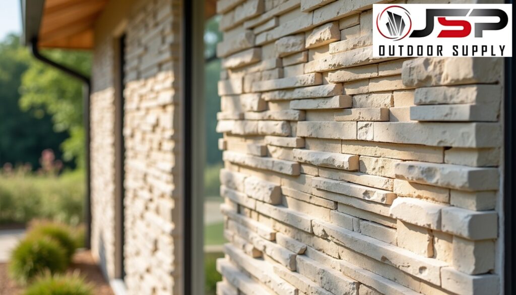 Closeup of natural thin stone veneer being installed on a modern home exterior wall