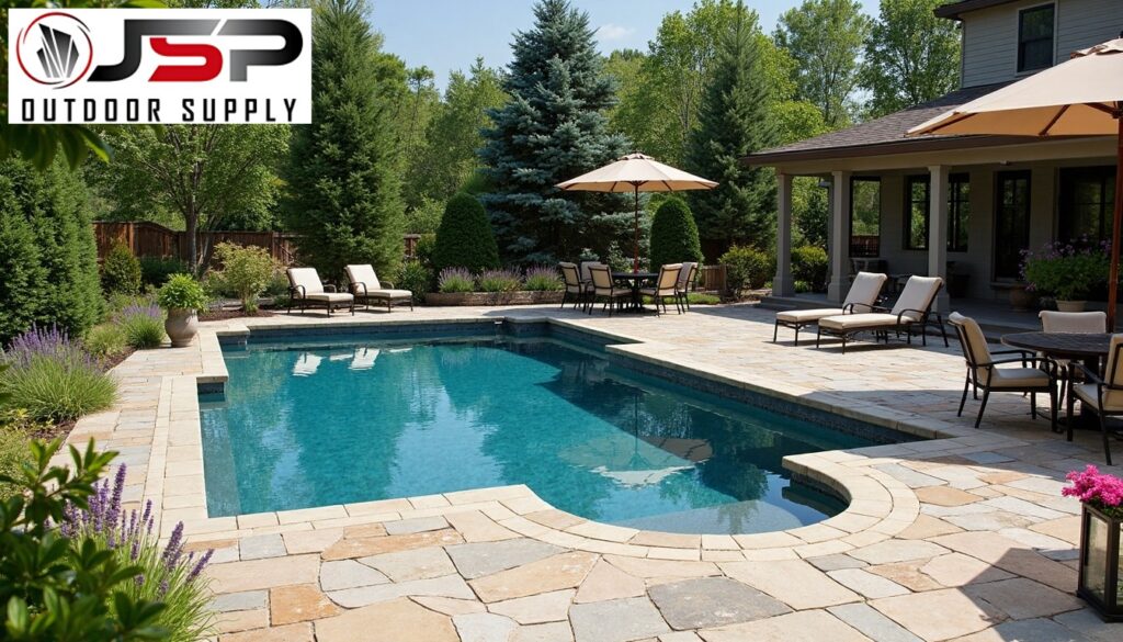 Flagstone installation around pools and water features.