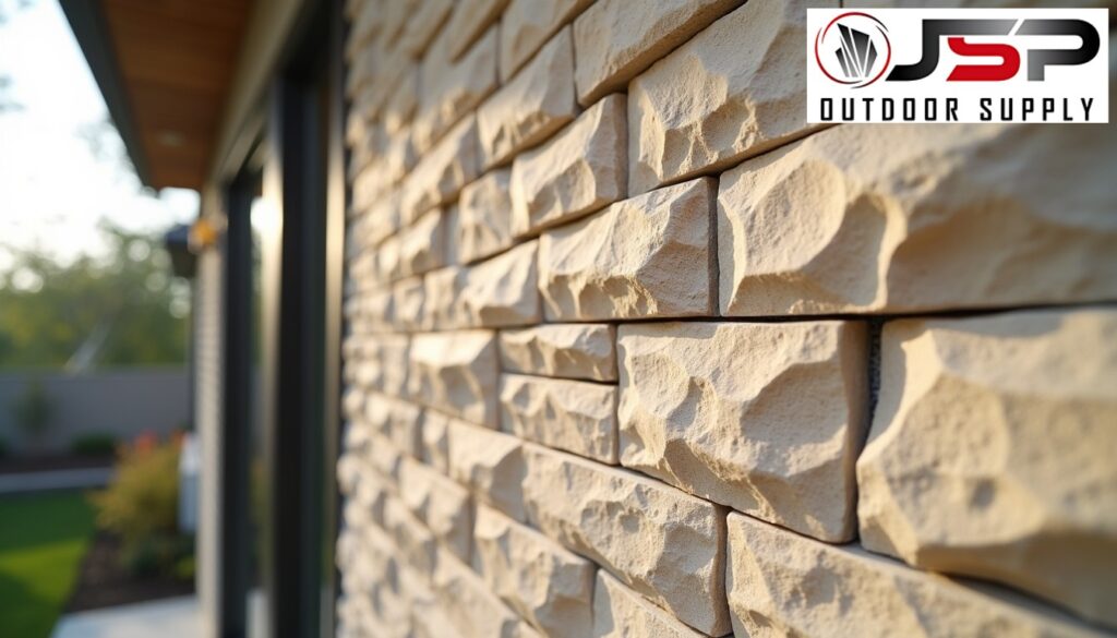 Closeup of natural thin stone veneer being installed on a modern home exterior wall