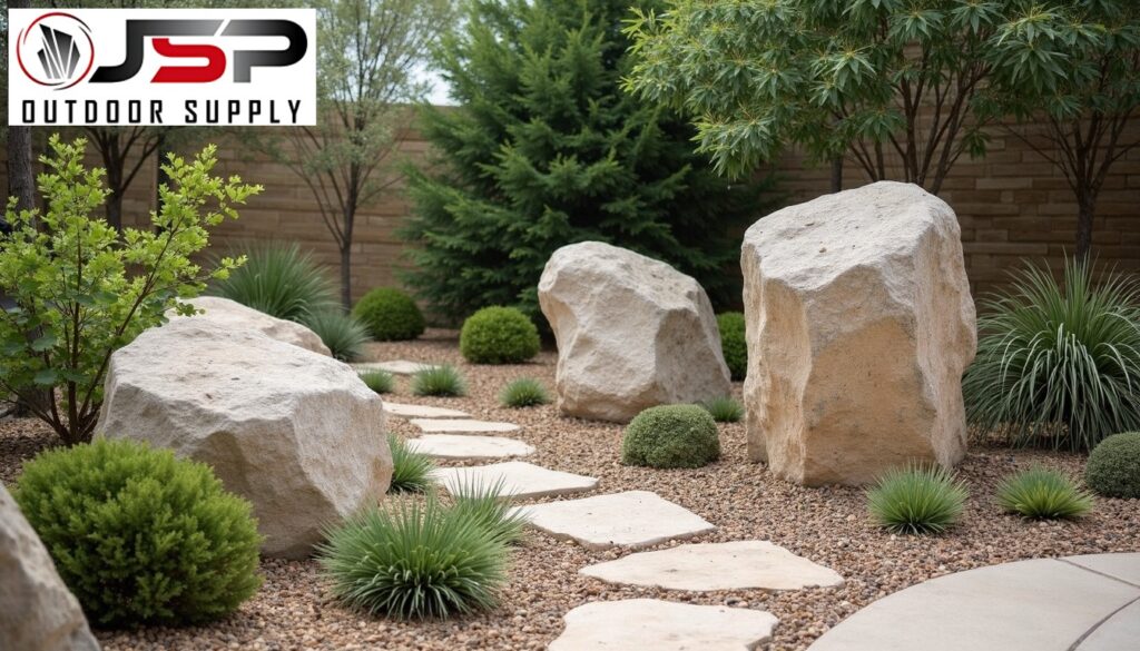 Three weathered limestone boulders of varying sizes