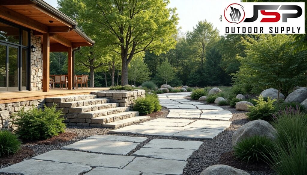 Negative space with stone installations.
