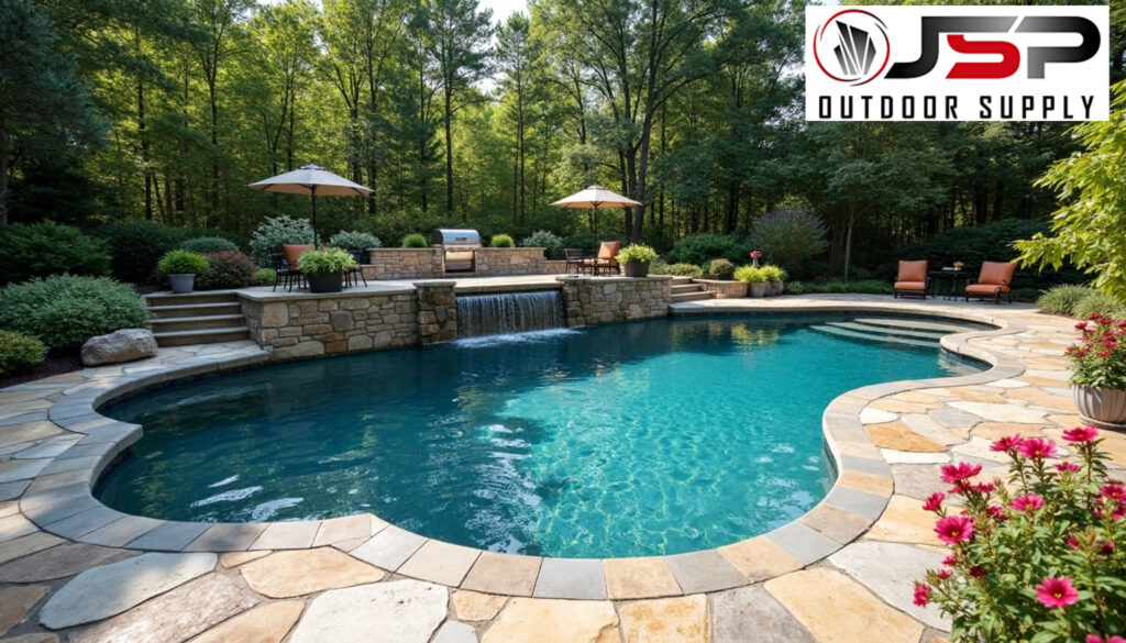 Flagstone installation around pools and water features.